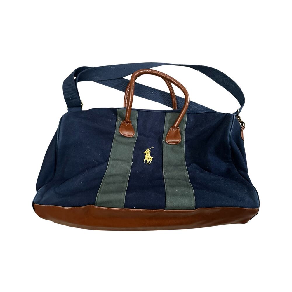 Polo Ralph Lauren Green Blue Duffle Travel Bag Canvas Weekender Pony